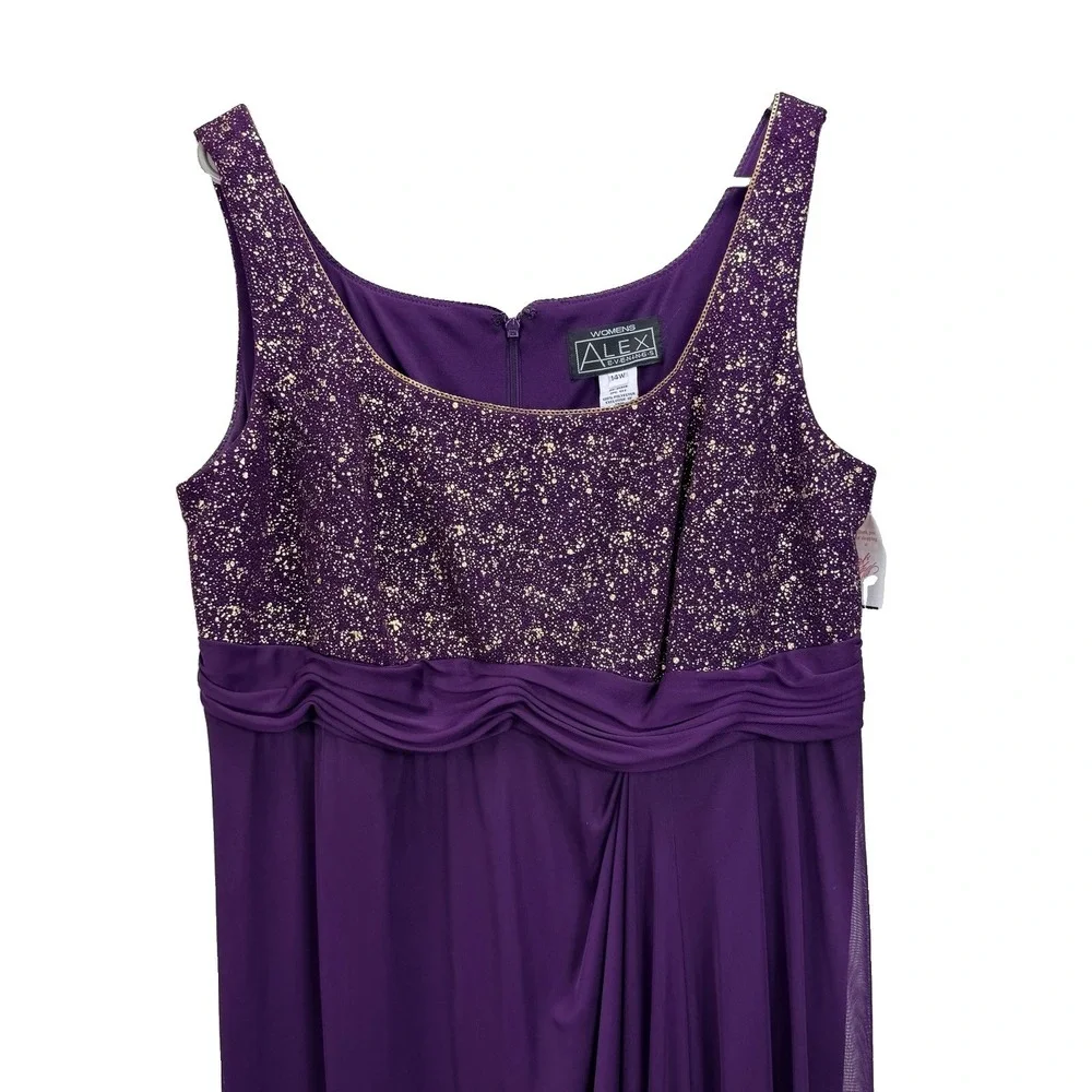 Alex Evenings Purple Gold Glitter 2 Piece Jacket Sleeveless Maxi Dress Set 14W